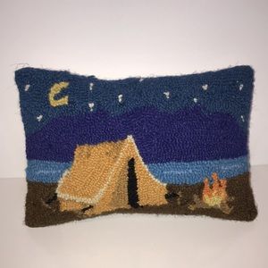 HANDHOOKED  PILLOW with Wool Front, Tent and Campfire under the Stars 8" x 12"